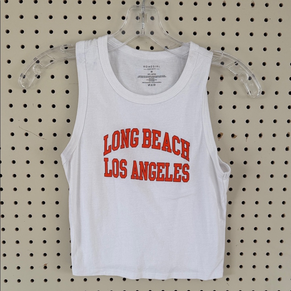 Graphic White Tank Top with Orange Text